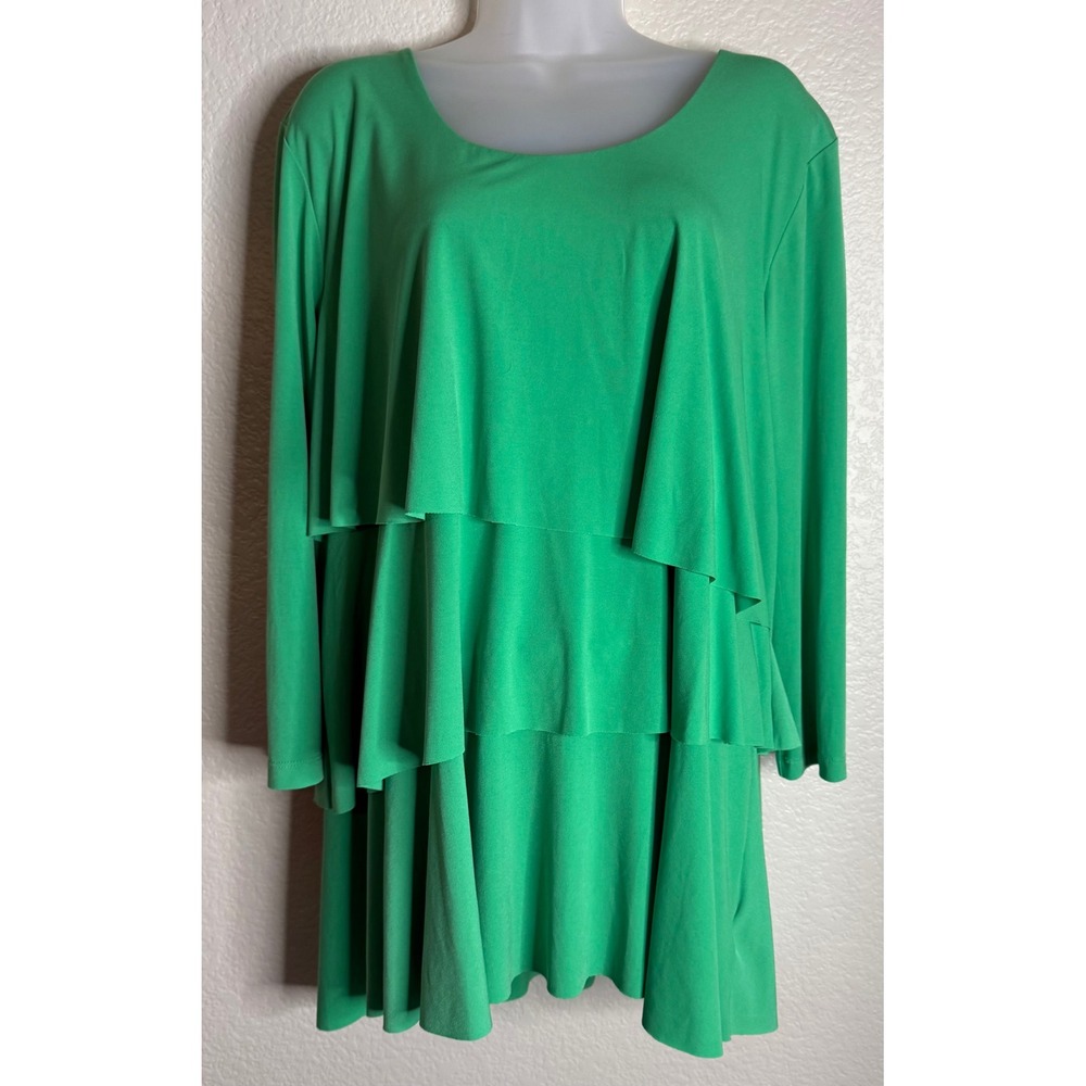 Susan Graver Womens XL Tunic Green Tiered‎ Ruffle Liquid Knit Long Sleeve Top